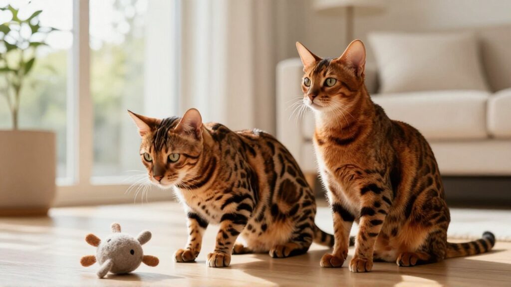 Un gato bengalí y un abisinio descansan juntos en un salón luminoso y moderno.