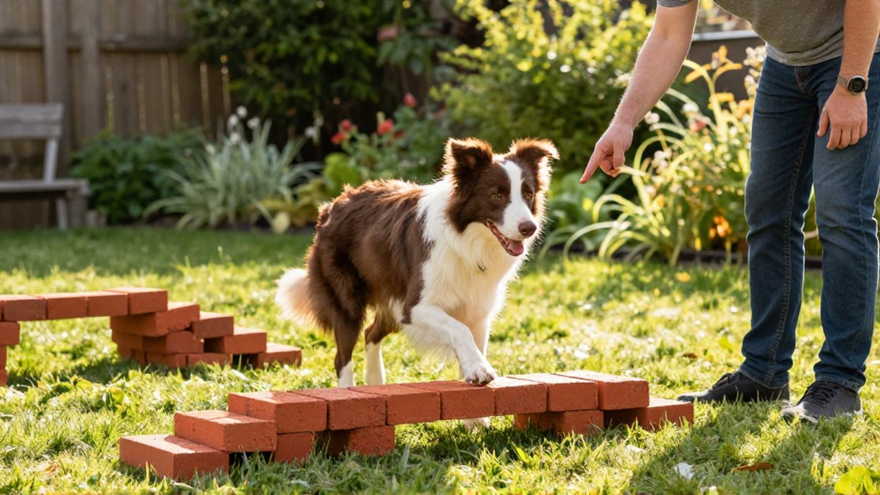 Un Border Collie salta un obstáculo de ladrillos en un jardín mientras un entrenador lo guía.