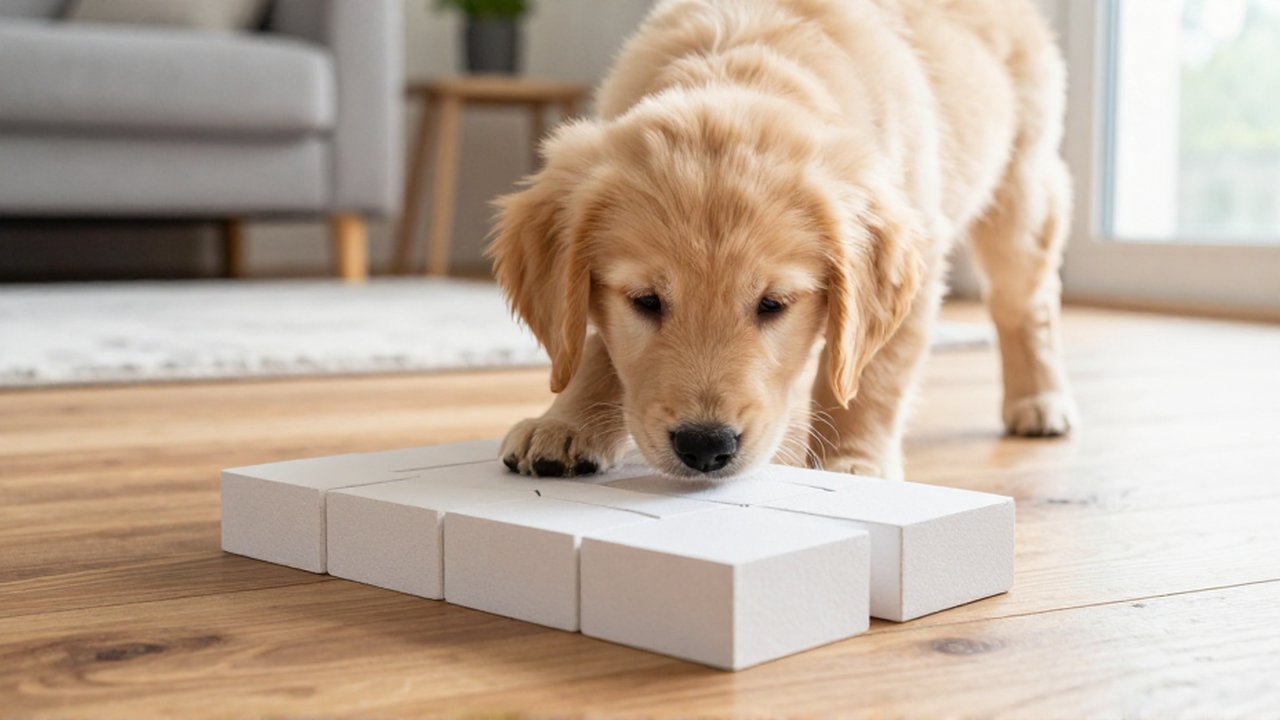 Cachorro de golden retriever olisquea y toca un ladrillo de textura suave en un suelo de madera.