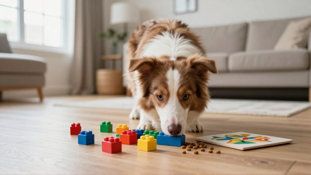 Un Border Collie olfatea piezas de construcción coloridas sobre un suelo de madera en una sala luminosa.