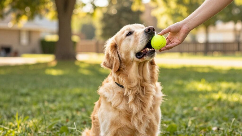 Golden Retriever atento entregando una pelota amarilla a la mano de su entrenador en un parque.