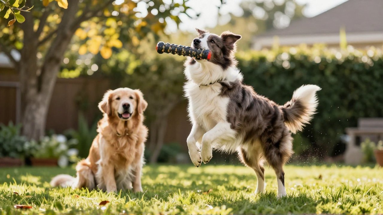 Un Border Collie salta en el aire para atrapar un juguete en un jardín soleado.