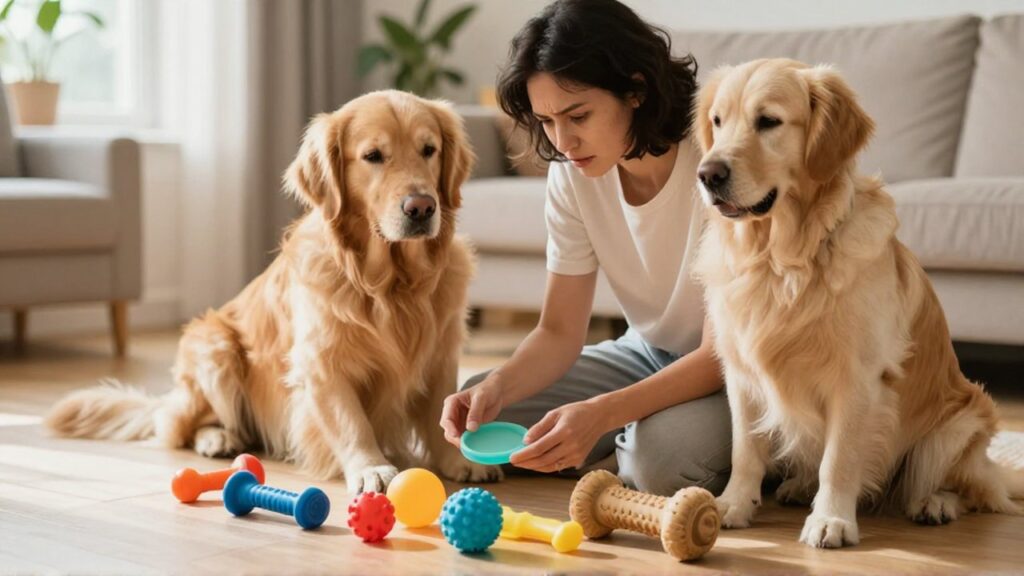 Una persona inspecciona diversos juguetes de goma mientras un golden retriever la acompaña en una sala iluminada.