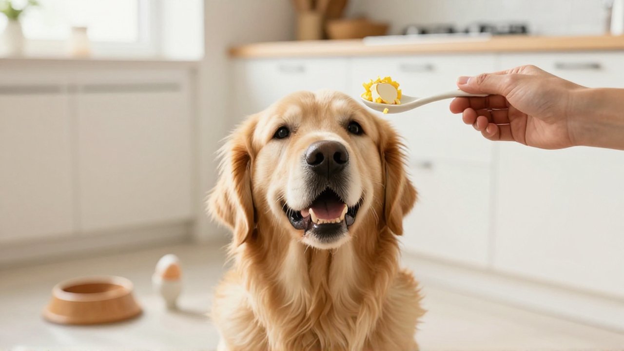 Un Golden Retriever mira con atención mientras una persona le ofrece un trozo de huevo en una cocina luminosa.
