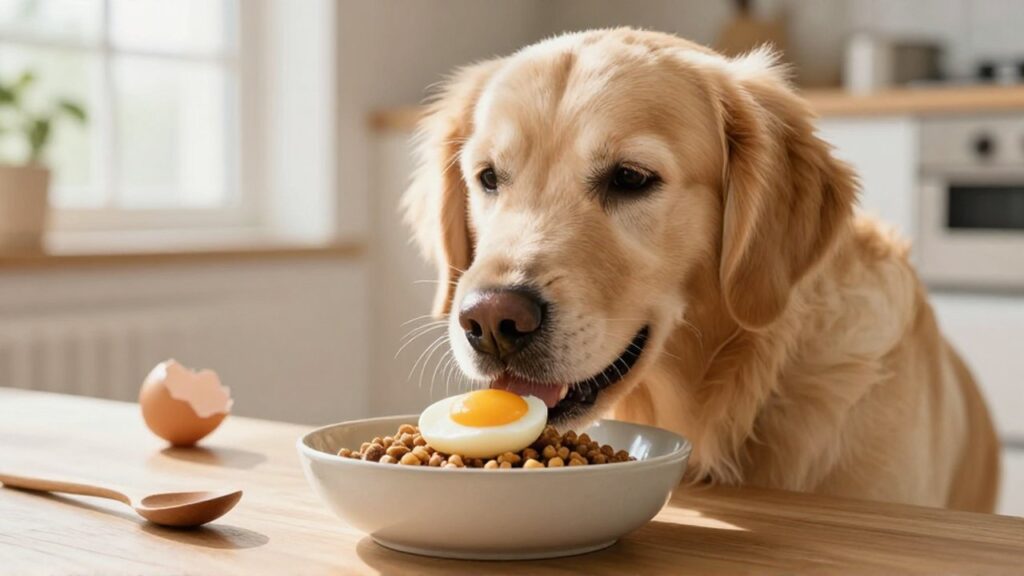 Un Golden Retriever feliz come su comida con huevo en una cocina luminosa.