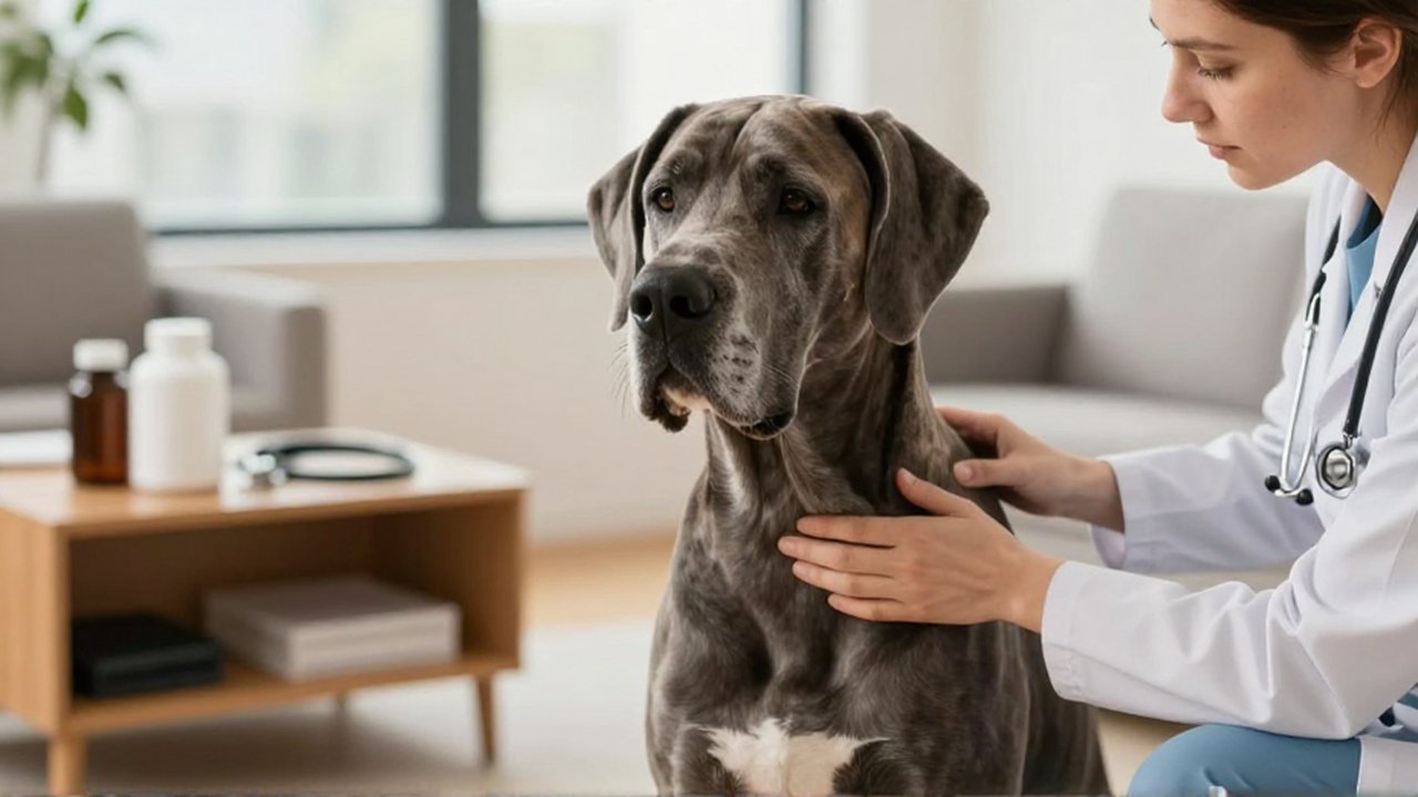 Un veterinario examina cuidadosamente las articulaciones de un Gran Danés en una sala iluminada.