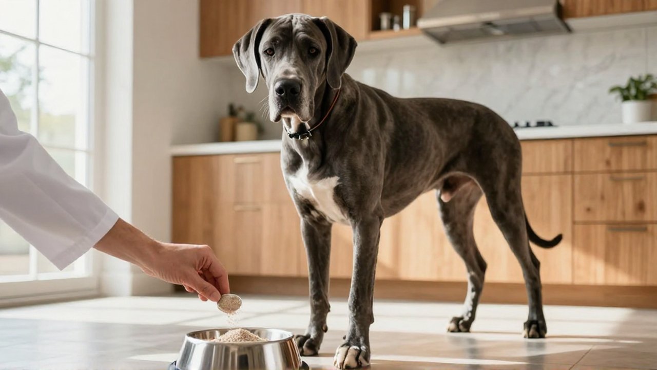 Gran danés atento junto a su cuenco mientras un veterinario añade suplemento nutricional en una cocina luminosa.