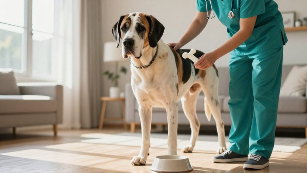 Un veterinario con uniforme azul examina las articulaciones de un gran Gran Danús en una sala luminosa.