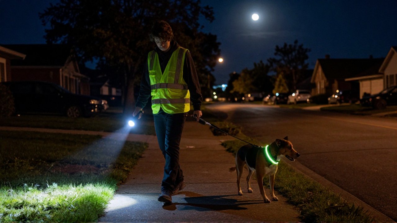 Persona con chaleco reflectante camina con su perro por una calle suburbana iluminada con linterna.