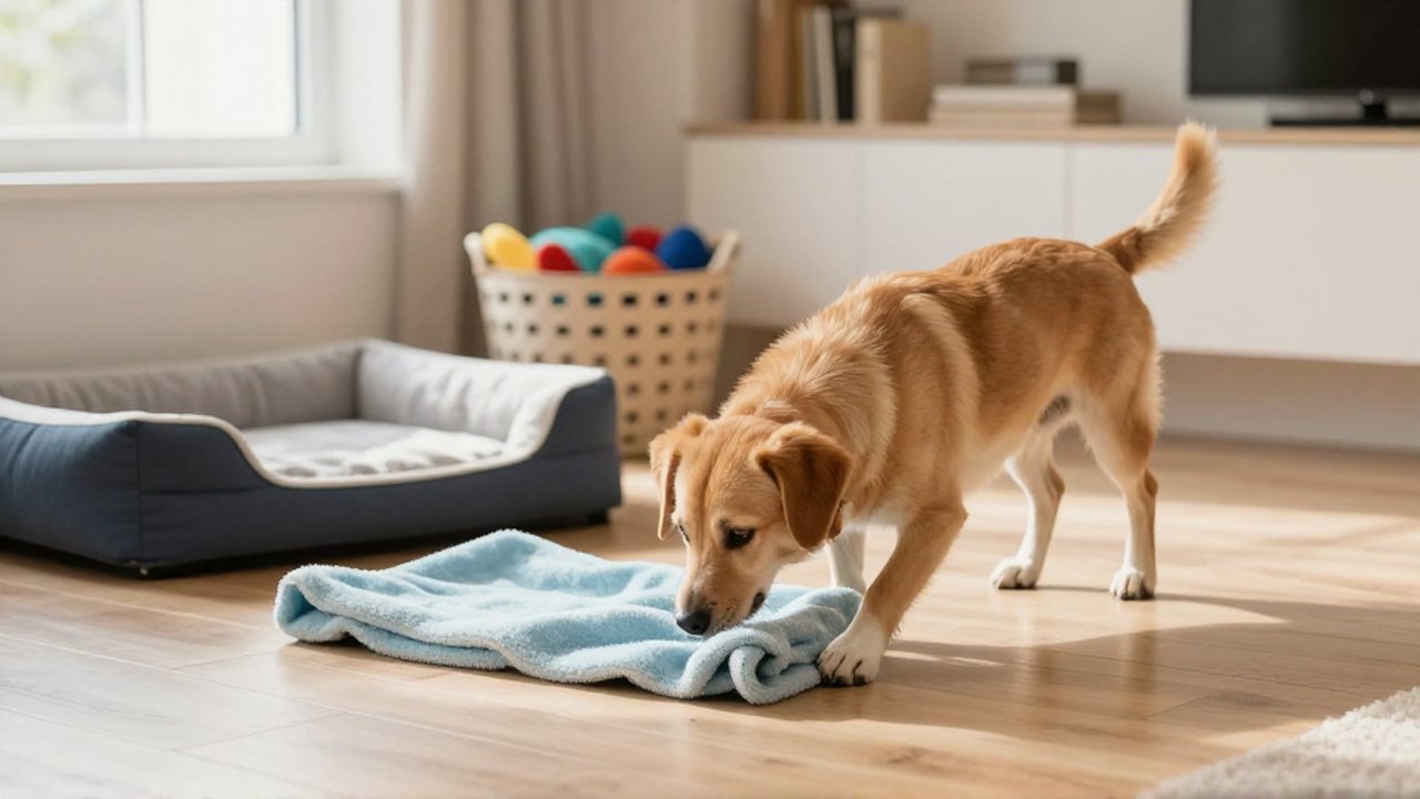 Un perro rescatado olfatea con curiosidad una manta suave en una sala luminosa y segura.