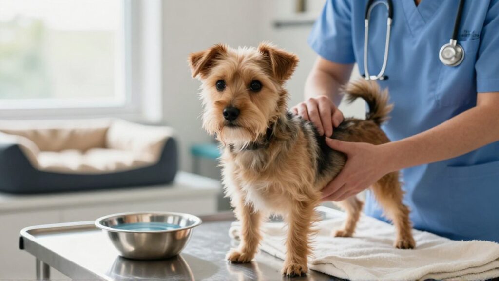 Un veterinario examina con delicadeza a un pequeño perro rescatado sobre una mesa clínica.