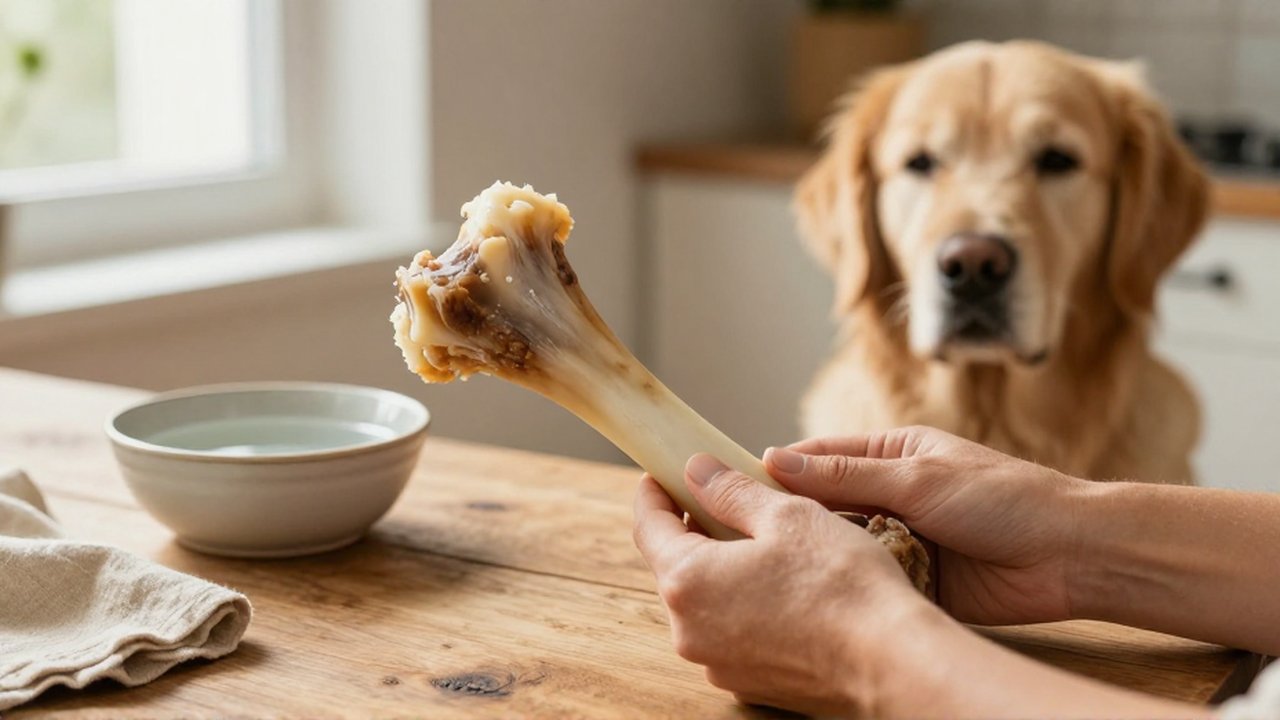 Unas manos examinan un hueso de tuétano sobre una mesa de madera mientras un Golden Retriever espera al fondo.