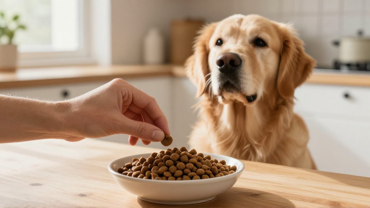 Unas manos inspeccionan trozos de comida premium en un bol mientras un Golden Retriever observa atento.