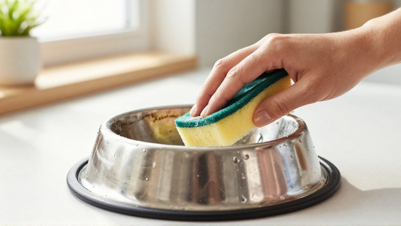 Manos lavando minuciosamente un cuenco de acero inoxidable con una esponja y jabón en una cocina luminosa.