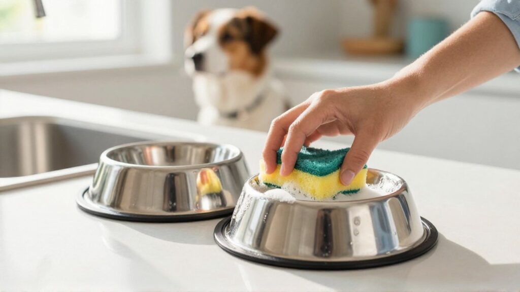 Manos lavando con esponja y jabón dos cuencos de acero inoxidable en una cocina luminosa.