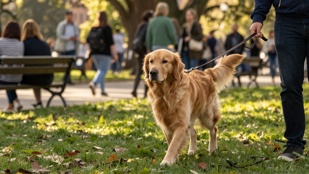 Dueño pasea tranquilamente a un Golden Retriever con correa en un concurrido parque urbano.