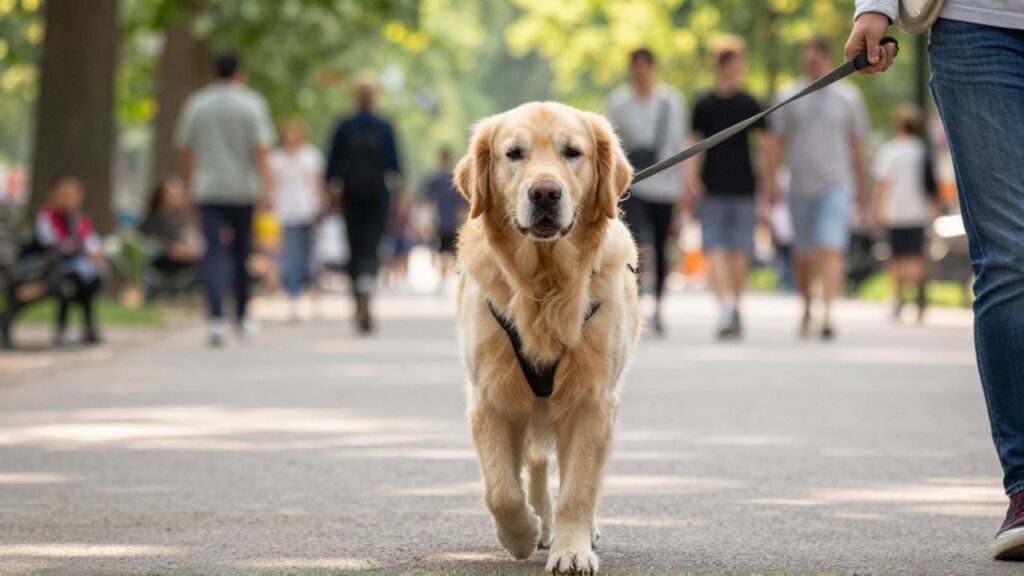 Un golden retriever con arnés camina tranquilo con correa por un parque urbano concurrido.