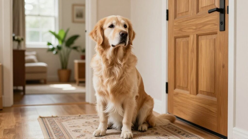 Un Golden Retriever sentado tranquilamente en una sala luminosa mientras espera junto a la puerta.