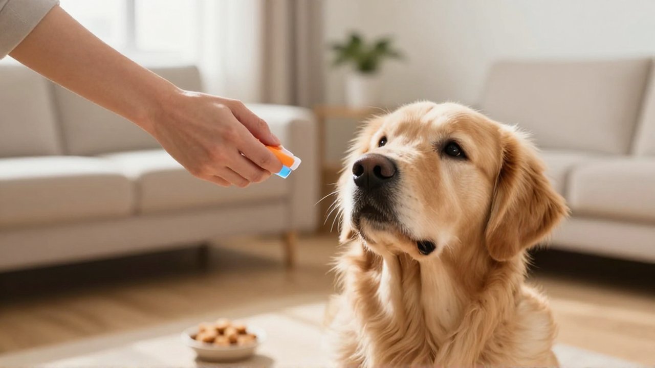 Un entrenador sostiene un clicker frente a un Golden Retriever que espera atento sus premios.
