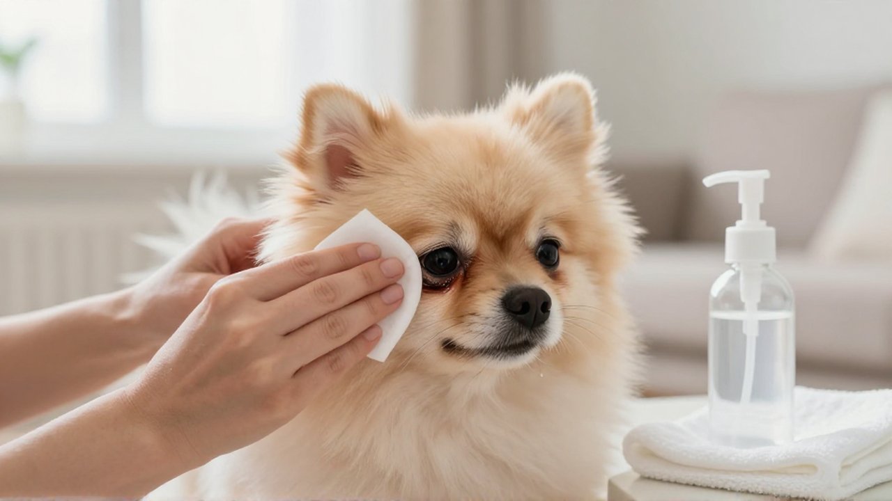 Una persona limpia con un algodón delicadamente el área de las lágrimas de un perro Pomerania.