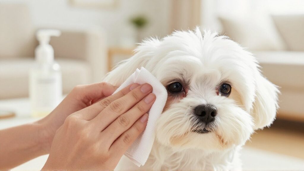 Unas manos limpian con delicadeza las manchas de las lágrimas de un pequeño perro maltés.
