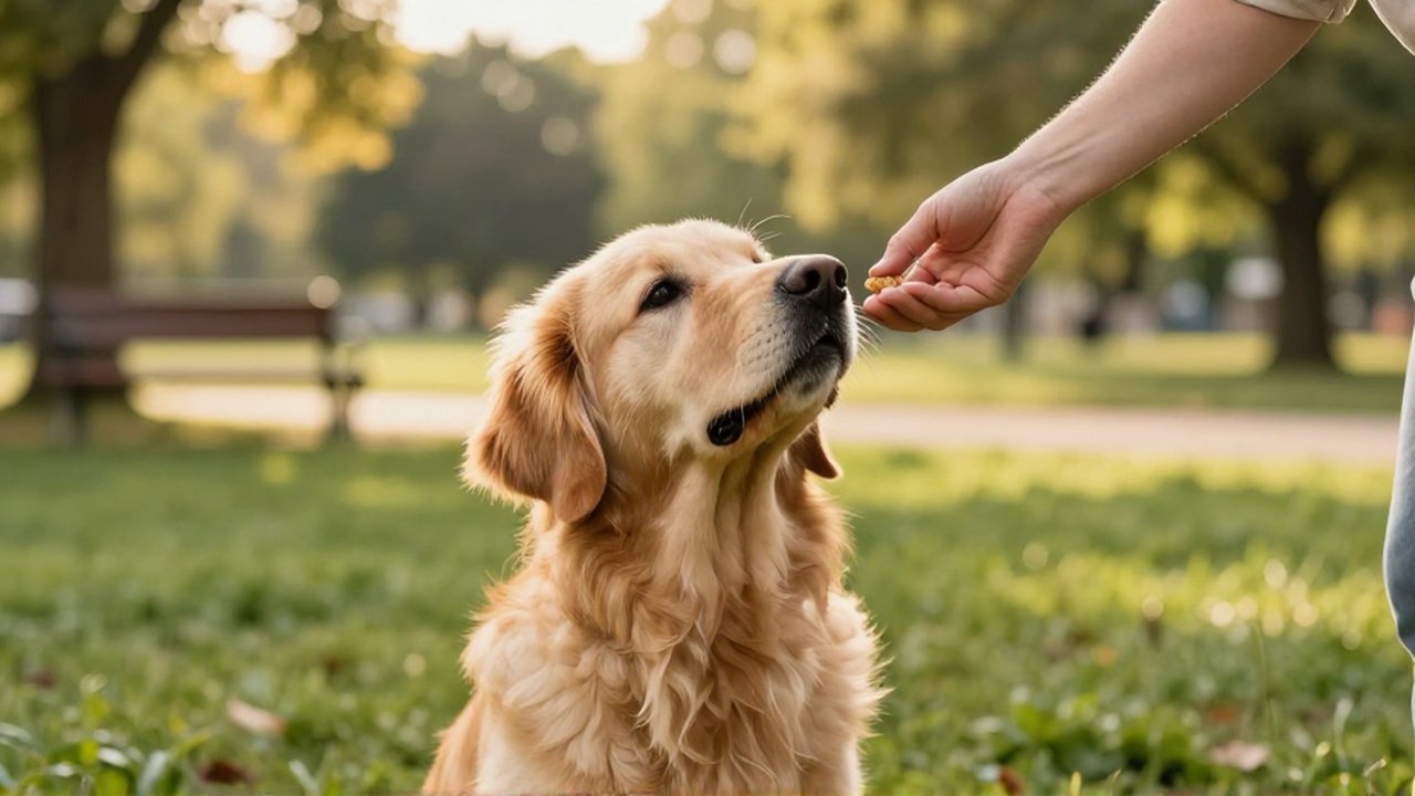 Un golden retriever atento recibe un premio de la mano de una persona en un parque soleado.