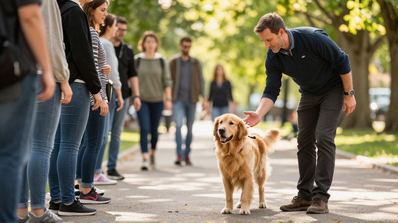 Un entrenador guía con calma a un Golden Retriever nervioso en un parque soleado.