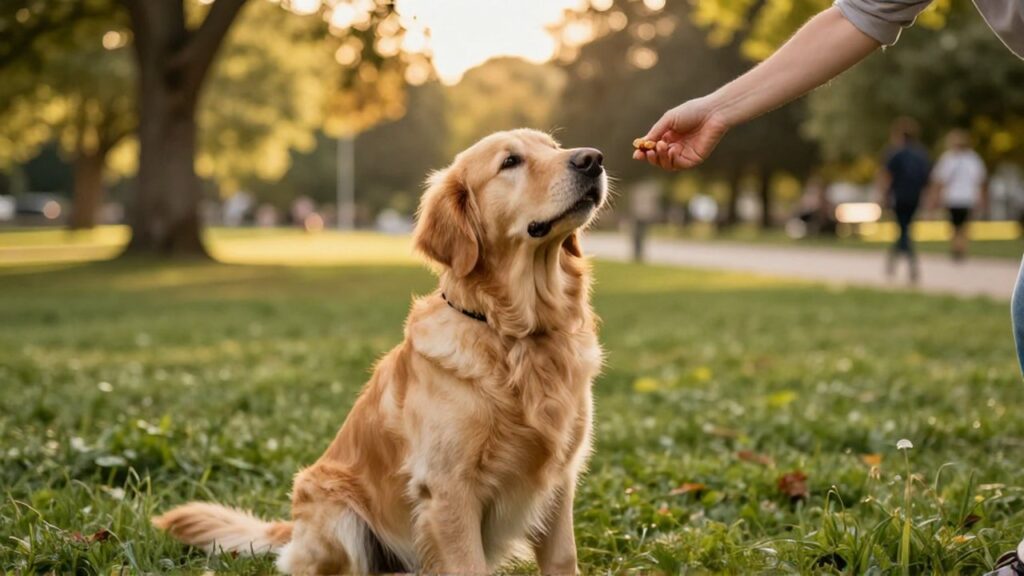 Un Golden Retriever mira con atención una mano que le ofrece un premio en un parque.