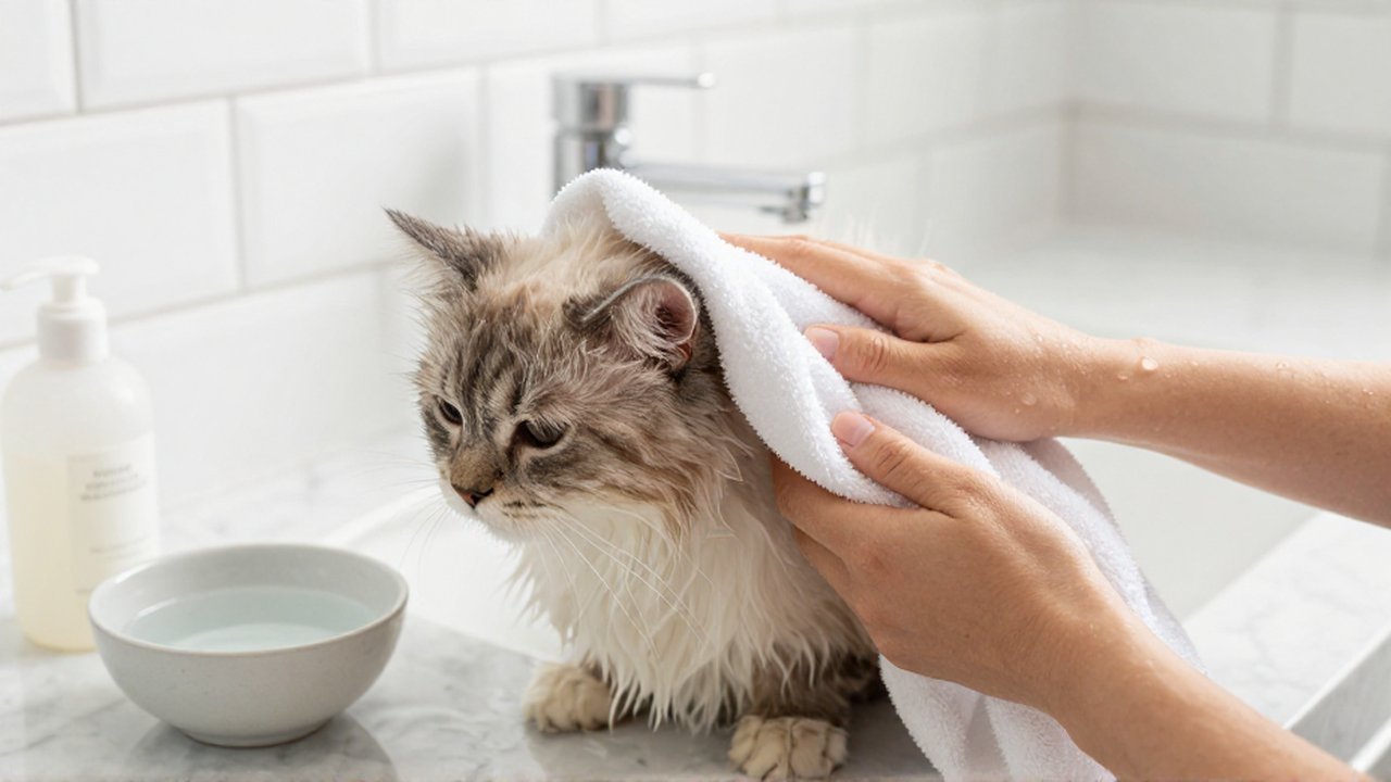 Unas manos secan suavemente con una toalla blanca a un gato doméstico sobre un mármol.