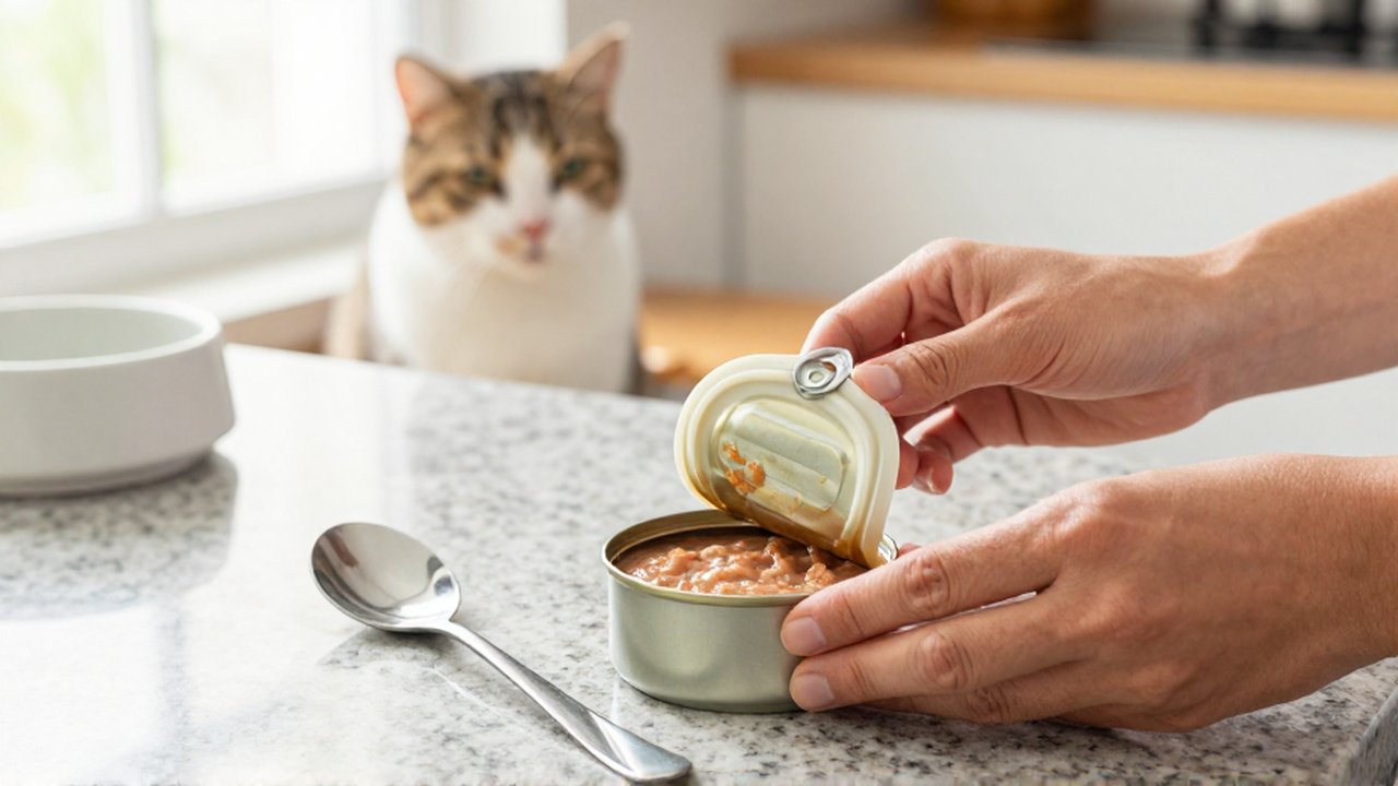 Unas manos colocan una tapa de silicona sobre una lata de comida húmeda para mascotas.