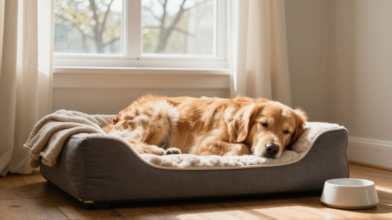 Un golden retriever descansa tranquilamente en una cama ortopédica dentro de una sala iluminada por el sol.