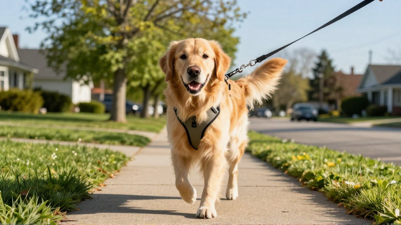 Un Golden Retriever camina con energía por una acera soleada junto a un parque verde.