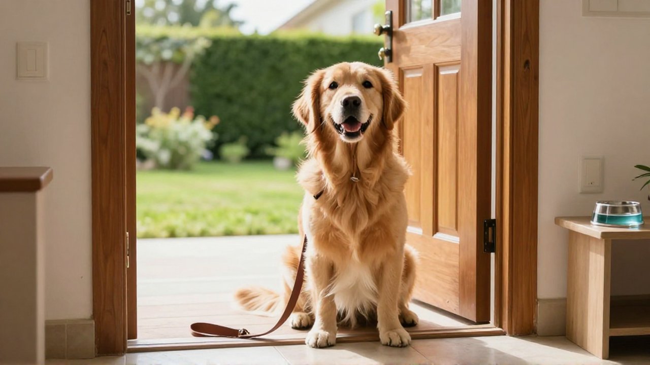 Un golden retriever sentado junto a la puerta de una casa soleada, mirando con expectación.