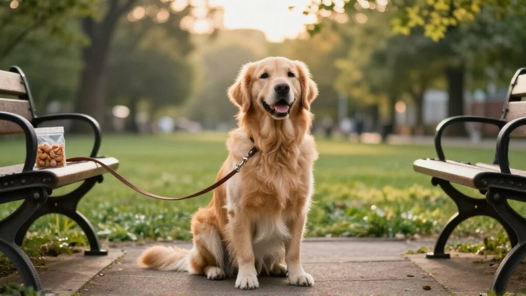 Un Golden Retriever sentado tranquilamente en una acera junto a una persona frente a un parque al amanecer.