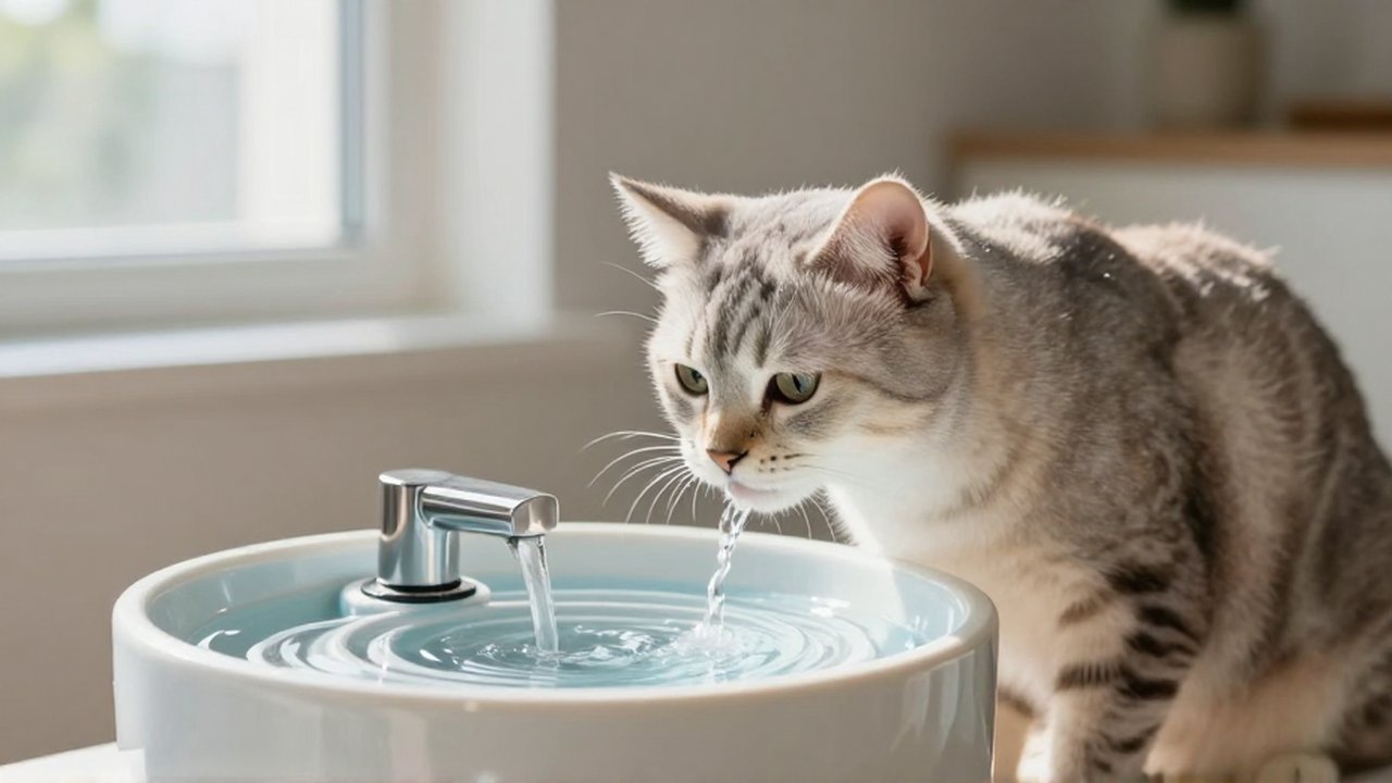 Un gato senior bebe agua de una fuente de acero inoxidable en una sala luminosa.