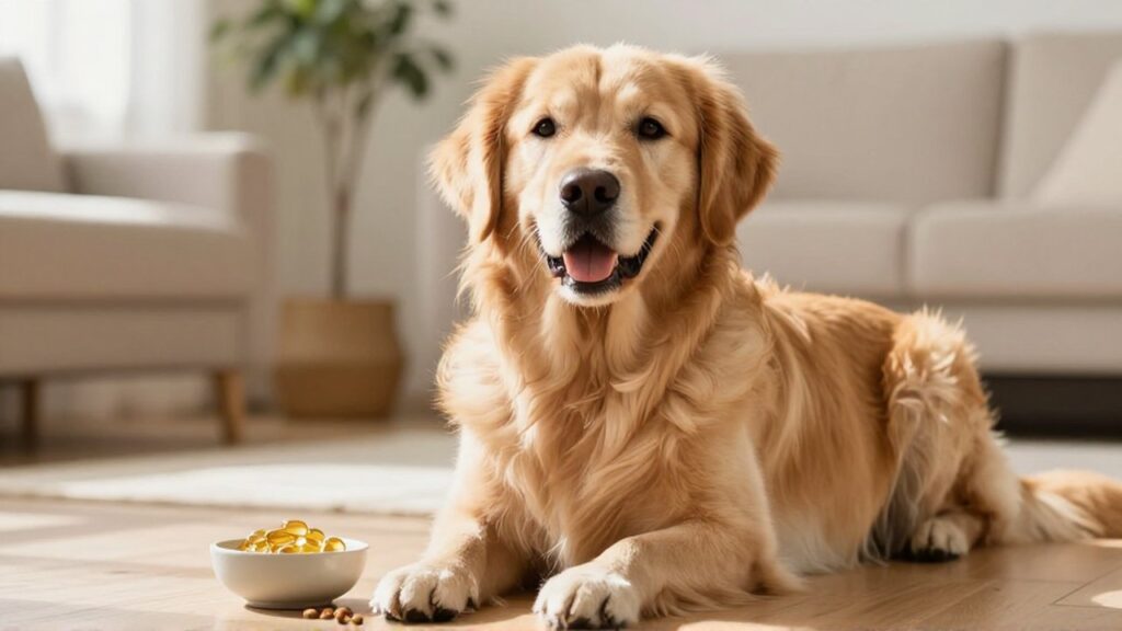 Golden Retriever de pelaje brillante sentado en una sala luminosa junto a un cuenco con suplementos.