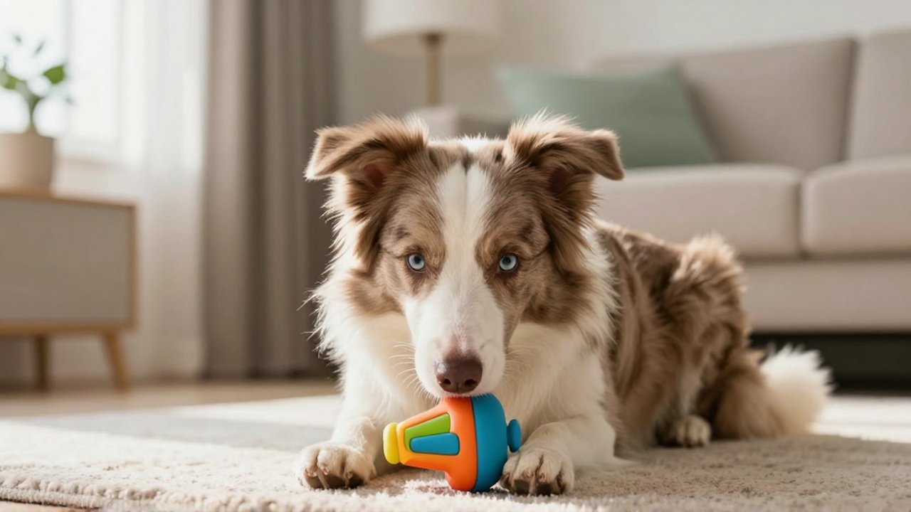 Un Border Collie concentrado empuja con su nariz un juguete de silicona sobre una alfombra.