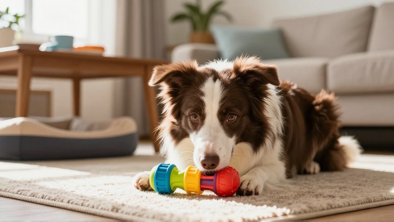 Un Border Collie concentrado juega con un juguete de caucho colorido sobre una alfombra.