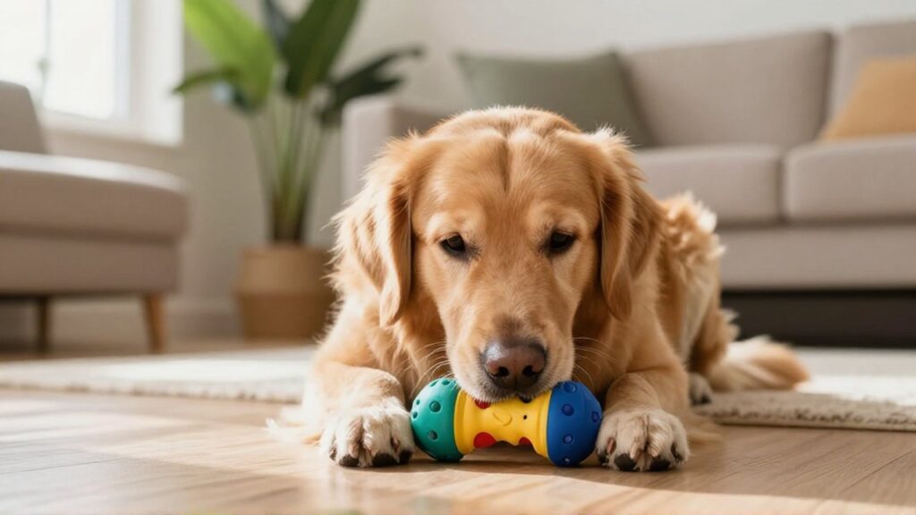 Un Golden Retriever concentrado juega con un juguete de caucho en una sala luminosa.