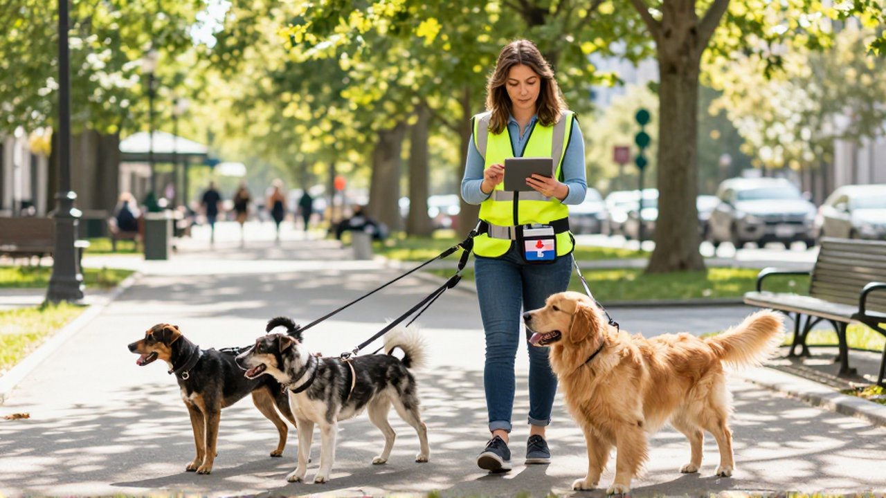 Paseadora profesional con chaleco de seguridad guía a tres perros en un parque urbano iluminado.
