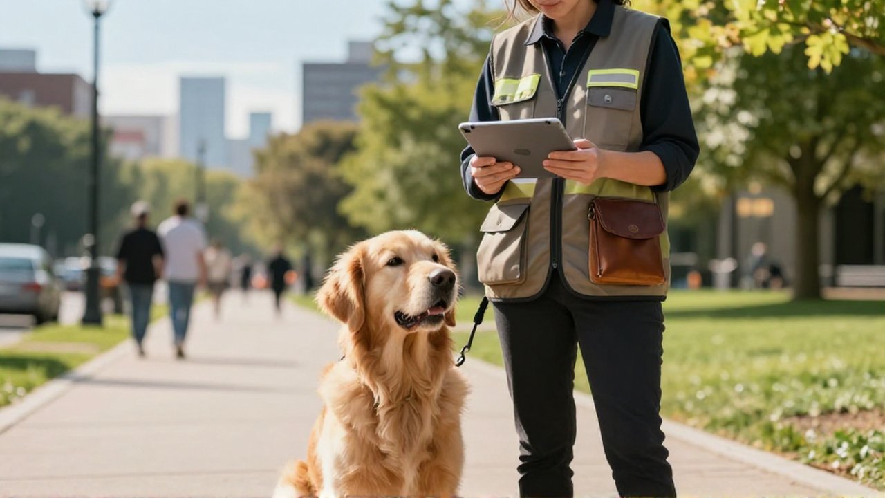 Un paseador profesional revisa una tableta junto a un Golden Retriever sentado en una acera soleada.