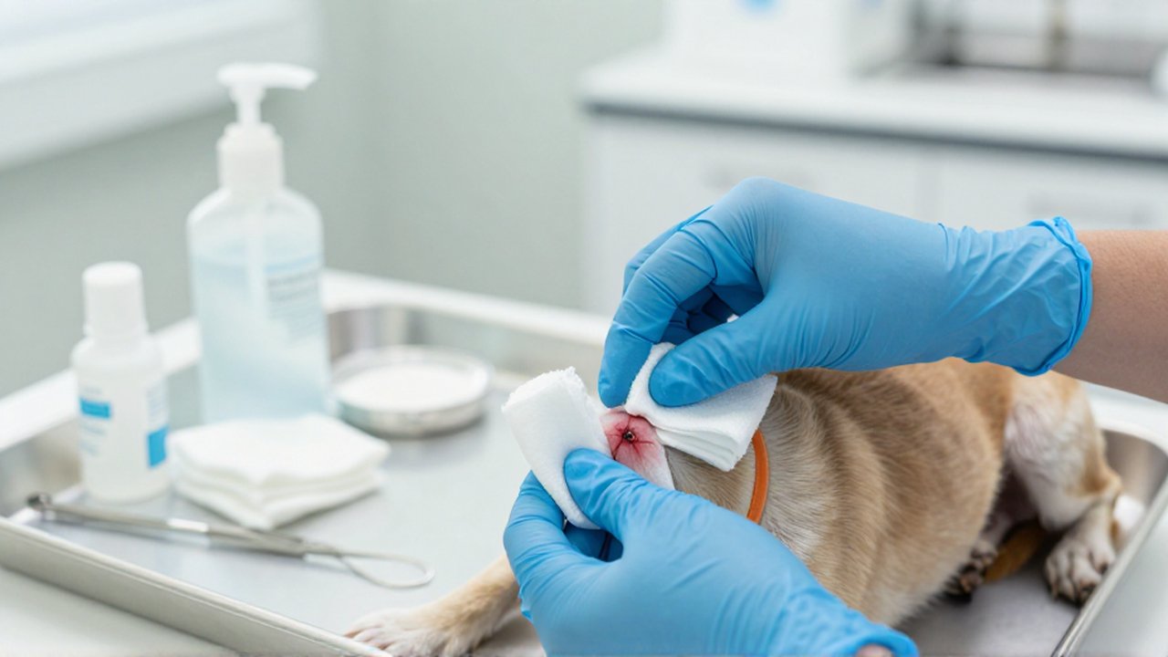 Un veterinario con guantes azules limpia con gasa una incisión quirúrgica en un perro pequeño.