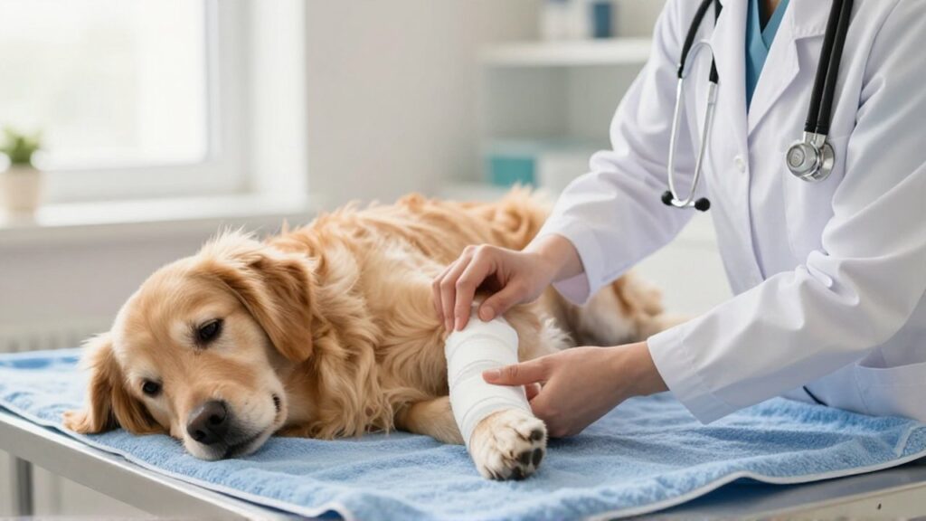 Un veterinario revisa con cuidado la pata vendada de un perro golden retriever en una clínica luminosa.