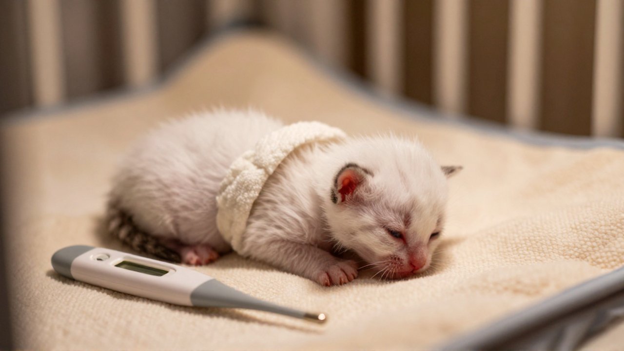 Un gatito recién nacido descansa sobre una manta térmica en una acogedora y cálida habitación.