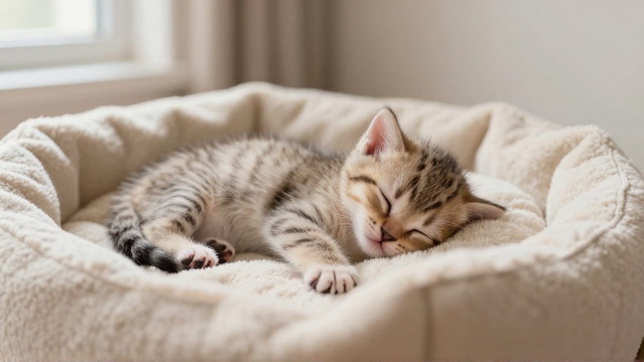 Un gatito recién nacido duerme plácidamente envuelto en una manta suave dentro de su nido.