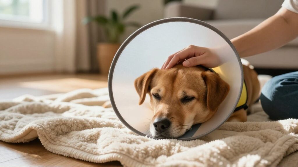 Una persona acaricia la cabeza de un perro con collar de recuperación sobre una manta.