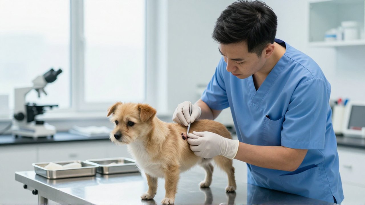 Un veterinario con uniforme azul examina con cuidado una lesión en la piel de un perro.