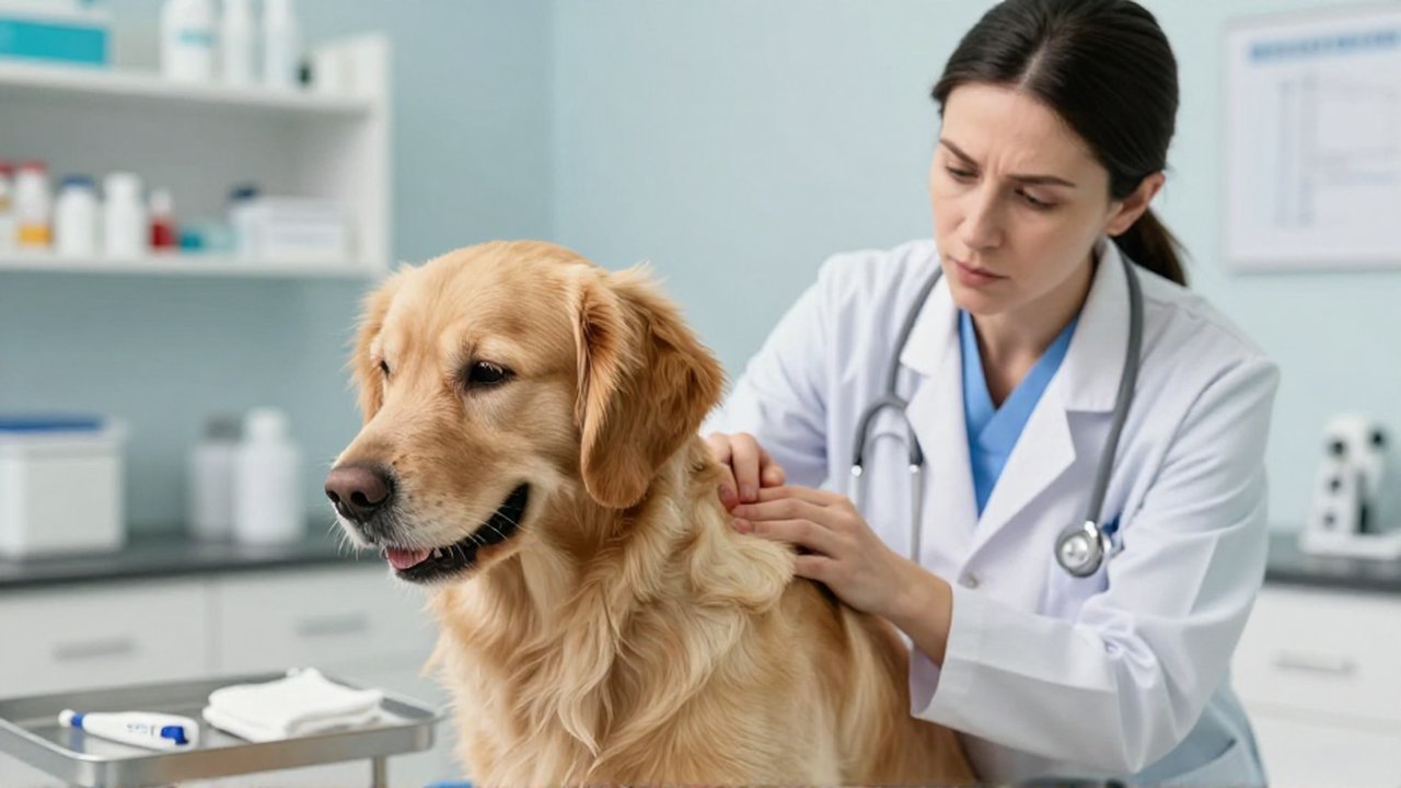 Una veterinaria examina con cuidado el hombro de un golden retriever en una clínica profesional.