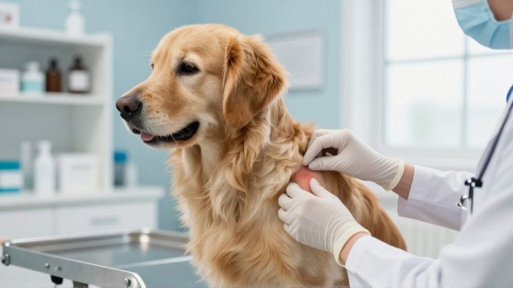Un veterinario examina con guantes el hombro de un golden retriever en una clínica moderna.