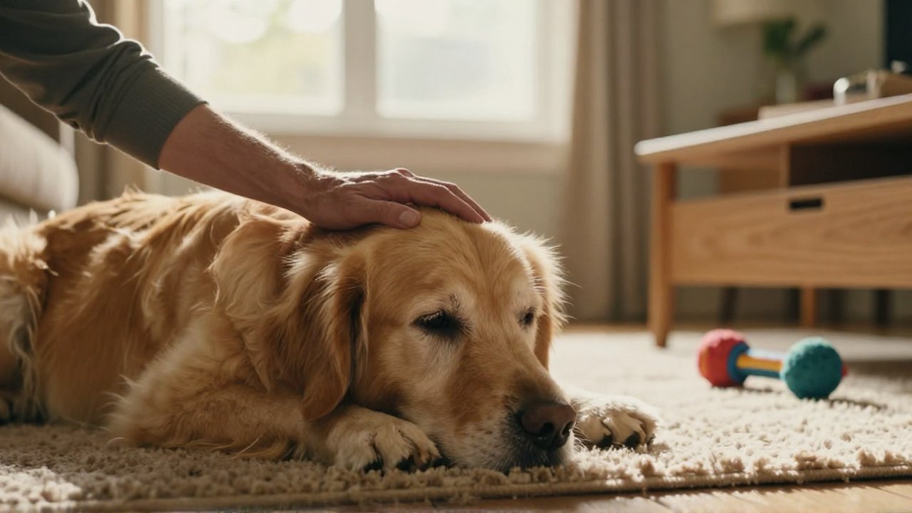 Un Golden Retriever anciano descansa plácidamente mientras una mano le acaricia la cabeza en una sala iluminada.